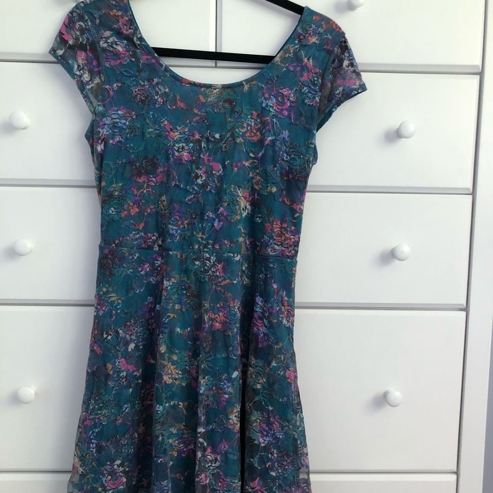 Xhilartion Teal Dress With Multicolor Lace